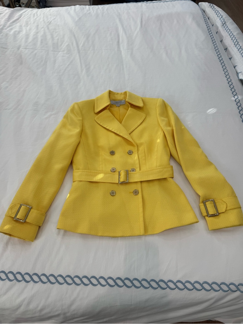 Tahari Yellow Double-Breasted Belted Trench Coat